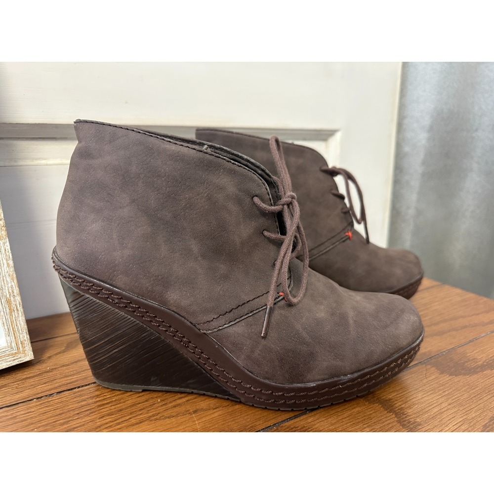 Dr Scholls Boots Womens 7.5 M Bethany Casual Wedge Ankle Bootie Tan Brwn Lace Up